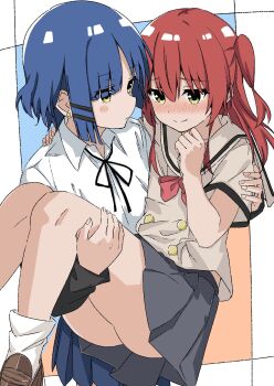 2girls blue_hair blush bocchi_the_rock! highres kita_ikuyo long_hair maho_ron1 multiple_girls red_hair ribbon short_hair short_sleeves skirt yamada_ryo