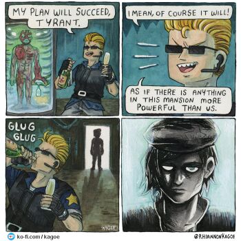 1boy 1girl albert_wesker beret blonde_hair blue_eyes bottle commentary cup drinking drinking_glass english_commentary hat highres jill_valentine resident_evil resident_evil_1 rhiannon_kagoe speech_bubble sunglasses tyrant_(resident_evil) wine_bottle wine_glass