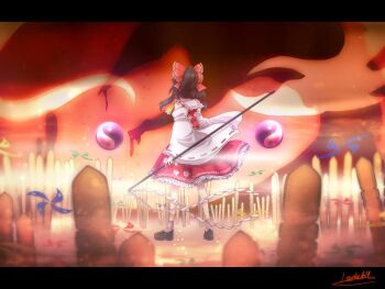 1girl black_hair blurry bow depth_of_field detached_sleeves frilled_skirt frills from_behind full_body gohei hair_bow hakurei_reimu hell highres lenk64 letterboxed orb paw_print red_skirt ribbon-trimmed_sleeves ribbon_trim skirt sotoba touhou vest wily_beast_and_weakest_creature yin_yang yin_yang_orb