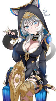 1girl animal_ears blue_eyes blush boots breasts cat_ears cat_girl cat_tail cipher_(honkai:_star_rail) cleavage coin gold_nails grey_hair highres honkai:_star_rail honkai_(series) large_breasts looking_at_viewer nail_polish short_hair sitting smile solo tail user_zysm5735