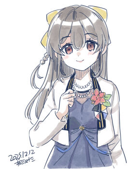 Rule 34 | 1girl, blue dress, blush, brown hair, commentary request, corsage, dated, dress, hair between eyes, hair ribbon, highres, jacket, jewelry, kantai collection, kirisawa juuzou, long hair, looking at viewer, mikasa (kancolle), necklace, ribbon, simple background, smile, solo, upper body, white background, white jacket, yellow ribbon