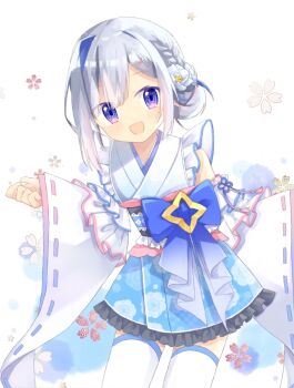 Rule 34 | 1girl, amane kanata, amane kanata (new year), blue bow, blue bowtie, bow, bowtie, braid, commentary request, flower, flower ornament, frilled skirt, frills, hair flower, hair ornament, hololive, japanese clothes, kimono, looking at viewer, multicolored hair, obi, open mouth, purple eyes, sash, skirt, smile, star ornament, thighhighs, virtual youtuber, white thighhighs, wide sleeves, yukikonbu17