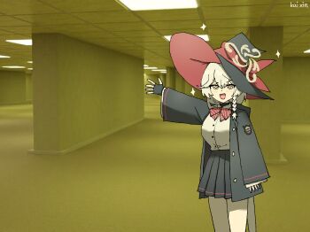 1girl backrooms_(creepypasta) black_gloves black_skirt blue_archive bow bowtie braid breasts ceiling ceiling_light commentary diagonal-striped_bow diagonal-striped_bowtie diagonal-striped_clothes eri_(blue_archive) fingerless_gloves fluorescent_lamp gloves halo hat highres kai_xin large_breasts liminal_space long_hair long_sleeves miniskirt pleated_skirt red_bow red_bowtie red_streaks shirt skirt striped_bow striped_bowtie striped_clothes symbol-only_commentary tile_ceiling tiles tilted_halo two-sided_fabric two-sided_headwear very_long_hair white_hair white_shirt witch_hat yellow_halo