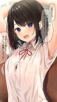 armpit_peek arms_behind_head arms_up black_bra black_hair black_hair-chan_(ramchi) blush bra bra_peek button_gap highres looking_at_viewer medium_hair notice_lines open_mouth original purple_eyes ramchi red_ribbon ribbon see-through_clothes see-through_shirt shirt speech_bubble swept_bangs underwear upper_body white_shirt