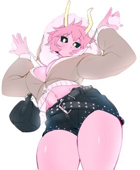 Rule 34 | ashido mina, belly, boku no hero academia, breasts, bursting breasts, colored skin, from below, hhholic, highres, horns, large breasts, looking at viewer, navel, non-web source, pink hair, pink skin, shiny skin, short shorts, shorts, thighs, tongue, tongue out, yellow eyes