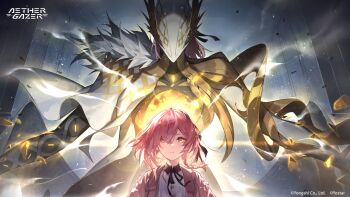 1girl aether_gazer artist_request black_ribbon braid buttons cape cardigan copyright_name copyright_notice hair_ribbon highres official_art open_cardigan open_clothes pink_hair ribbon short_hair skuld_(aether_gazer) white_cape