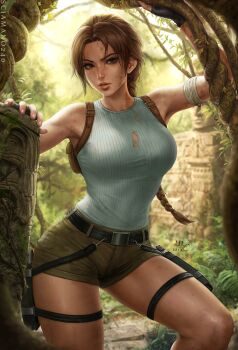 1girl armpits blurry blurry_background braid braided_ponytail brown_eyes brown_hair dirty fingerless_gloves gloves gun highres holster holstered jungle lara_croft looking_at_viewer nature parted_lips sciamano240 shirt short_shorts shorts sleeveless solo statue strap tank_top temple tomb_raider torn_clothes torn_shirt weapon