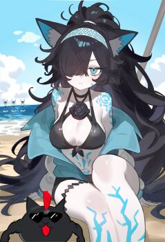 Rule 34 | animal ears, bare legs, bare shoulders, beach, bikini, black bikini, black hair, blue eyes, body blush, breasts, cat ears, cat girl, cleavage, colored skin, dark kasli (nyanko daisensou), ebora, hair over one eye, hairband, highres, jacket, kasli (nyanko daisensou), long hair, long sleeves, medium breasts, navel, nyanko daisensou, outdoors, sitting, sunglasses, swimsuit, tattoo, thighs, white skin