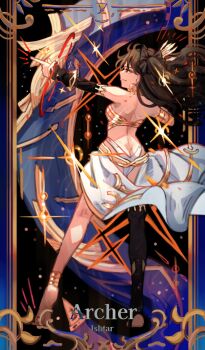 1girl aiming anklet arm_warmers armlet ass asymmetrical_legwear asymmetrical_sleeves black_hair black_thighhighs butt_crack character_name commentary detached_sleeves dimples_of_venus earrings elbow_gloves fate/grand_order fate_(series) from_behind gloves heavenly_boat_maanna highres hoop_earrings ishtar_(fate) jewelry long_hair neck_ring profile red_eyes single_arm_warmer single_detached_sleeve single_elbow_glove single_thighhigh solo symbol-only_commentary thighhighs tiara two_side_up uneven_sleeves wavy_hair woong.i