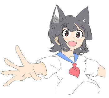 1girl animal_ears black_hair blue_sailor_collar blush_stickers brown_eyes city_(arawi_keiichi) fang floating_hair kemonomimi_mode looking_at_viewer lr4 makabe_matsuri neckerchief open_mouth outstretched_arms red_neckerchief sailor_collar school_uniform serafuku short_hair simple_background skin_fang smile solo white_background white_serafuku wolf_ears