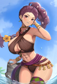 1girl abs absurdres bikini blue_sky blush bracelet braid braided_ponytail breasts brown_bikini cleavage cloud commentary_request criss-cross_halter dark-skinned_female dark_skin day earrings facial_mark fire_emblem fire_emblem:_three_houses fire_emblem_heroes gonzarez halterneck highres jewelry large_breasts long_hair looking_at_viewer navel nintendo ocean official_alternate_costume open_mouth outdoors palm_leaf petra_macneary petra_macneary_(summer) purple_hair skindentation sky smile solo swimsuit thighs wading water water_drop wet