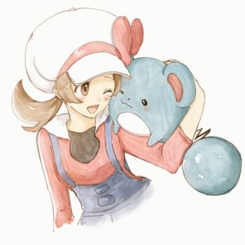 1girl ;d asuka_rkgk blush bow brown_hair eyelashes gen_2_pokemon hand_up happy hat hat_bow long_hair lyra_(pokemon) marill nintendo one_eye_closed open_mouth overalls pokemon pokemon_(creature) pokemon_hgss pokemon_on_arm red_bow shirt simple_background smile tongue white_background white_hat