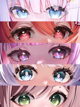 5girls aqua_eyes aqua_pupils azur_lane blue_eyes bright_pupils column_lineup commentary_request eye_focus eyebrow_piercing face_piercing garimayo green_eyes hair_between_eyes hair_ornament heart heart-shaped_pupils heart_in_eye highres indie_virtual_youtuber lumu_lemu miori_celesta miori_celesta_(emo) multiple_girls ognevoy_(azur_lane) pearl_hair_ornament piercing pink_eyes pink_hair purple_hair red_eyes red_hair red_pupils shiroha_nemu star_(symbol) star_hair_ornament star_in_eye symbol-shaped_pupils symbol_in_eye tsukimi_yuco virtual_youtuber white_hair white_pupils