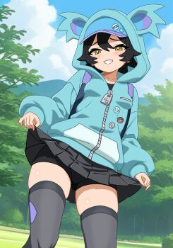 1girl aqua_hoodie bike_shorts black_hair black_skirt blue_hat cloud commentary_request day grass grin hair_between_eyes hat hat_under_hood highres hood hood_up hoodie light_blush looking_down mori_hayaki nintendo nyabiko_(pokemon) outdoors pleated_skirt pokemon pokemon_(anime) pokemon_horizons raised_inner_eyebrows short_hair skirt sky smile solo teeth thighhighs tree yellow_eyes zipper zipper_pull_tab