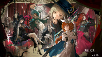 1boy 5girls :d :o absurdres aleph_(reverse:1999) arm_up birdcage black_dress black_gloves black_hat black_shoes blue_cape blue_eyes broom broom_riding brown_hair cage cape commentary_request copyright_name corset crossed_legs curtains dress elbow_gloves glasses gloves green_corset green_eyes green_hat grey_eyes grey_hair hair_bun hair_ornament hand_on_own_chin hand_on_own_face hand_up hat highres holding holding_staff holding_sword holding_weapon isolde_(reverse:1999) isolde_(the_caged_lamenter)_(reverse:1999) kakania_(reverse:1999) kakania_(the_emerald_witch)_(reverse:1999) kurikabacha logo long_braid long_hair looking_at_viewer multiple_girls official_alternate_costume official_art on_swing open_mouth prosthesis prosthetic_leg purple_eyes red_cape red_gloves red_hair reverse:1999 shirt shoes single_elbow_glove single_side_bun sitting skirt smile sonetto_(reverse:1999) sonetto_(the_steadfast_heart)_(reverse:1999) staff stage_curtains swing sword vertin_(reverse:1999) very_long_hair watermark weapon weibo_watermark white_dress white_gloves white_mask white_shirt white_skirt willow_(reverse:1999) witch_hat