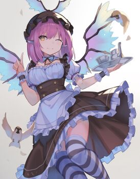 1girl alternate_costume animal animal_ears apron bird bird_wings black_ribbon breasts brown_dress brown_hat closed_mouth commentary_request cup detached_sleeves dress enmaided falken_(yutozin) gradient_wings hat highres holding light_smile long_hair looking_at_viewer maid medium_breasts multicolored_wings mystia_lorelei neck_ribbon one_eye_closed photoshop_(medium) pink_hair puffy_short_sleeves puffy_sleeves revision ribbon short_sleeves simple_background solo sparrow striped_clothes striped_thighhighs thighhighs touhou tray underbust waist_apron white_thighhighs wings wrist_cuffs yellow_eyes