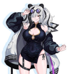 1girl arknights breasts china_dress chinese_clothes cleavage cleavage_cutout clothing_cutout coat dress eyewear_on_head feater_(arknights) grey_hair hair_over_one_eye hella_p jacket large_breasts multicolored_coat multicolored_hair multicolored_jacket panda panda_girl panties red_eyes round_eyewear side-tie_panties skindentation solo streaked_hair sunglasses two-tone_coat two-tone_jacket underwear white_background