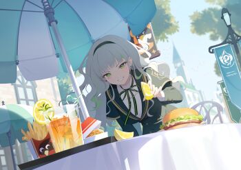 1girl black_hairband black_jacket breasts burger buttons chicken_(food) crazy_straw double-breasted drinking_straw dutch_angle earrings fast_food firenze_(stella_sora) food french_fries fried_chicken fruit game_cg garnish green_ribbon green_streaks grey_hair grin hairband heart_straw highres holding holding_food holding_fruit holding_lemon ice iced_tea incoming_food jacket jewelry large_breasts leaning_forward lemon lemon_slice long_hair looking_at_viewer multicolored_hair neck_ribbon non-web_source official_art outdoors patio_umbrella ribbon sherlock_(stella_sora) shirt smile solo standing stella_sora streaked_hair stud_earrings tea very_long_hair wavy_hair white_shirt