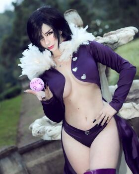 1girl ball black_hair black_nails boots breasts collarbone cosplay fur-trimmed_jacket fur_trim hand_on_own_hip heart heart_print highres jacket jewelry large_breasts long_sleeves looking_at_viewer merlin_(nanatsu_no_taizai) merlin_(nanatsu_no_taizai)_(cosplay) nanatsu_no_taizai navel panties photo_(medium) print_panties purple_footwear purple_jacket purple_panties ring short_hair smile star_(symbol) thighhighs underwear yellow_eyes