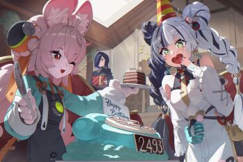 +_+ 3girls animal_ear_fluff animal_ears animal_hands birthday_cake black_dress black_hair blue_nails blue_shirt blush braid breasts cake cake_slice commentary detached_sleeves dialyn_(zenless_zone_zero) double_bun dress earrings flying_sweatdrops food furry furry_female green_eyes hair_bun happy_birthday hat highres holding holding_plate jewelry long_hair long_sleeves multicolored_hair multiple_girls nail_polish one_eye_closed open_mouth party_hat pinafore_dress pink_hair plate promeia_(zenless_zone_zero) rabbit_ears rabbit_girl red_eyes roro_(tpghksdlzpq) shirt sleeveless sleeveless_dress small_breasts split-color_hair twin_braids white_dress white_hair white_sleeves zenless_zone_zero zhao_(zenless_zone_zero)