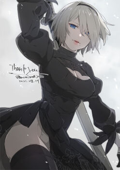 1girl 2b_(nier:automata) breasts commentary_request from_below full_body large_breasts leotard looking_at_viewer moni nier:automata nier_(series) standing_over thighhighs weapon