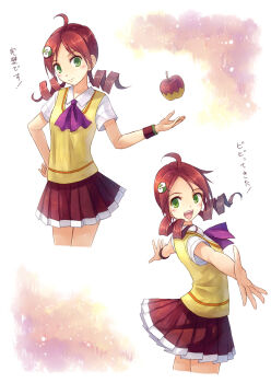 1girl andou_ringo apple bad_id bad_pixiv_id character_hair_ornament drill_hair food fruit green_eyes hair_ornament hairclip puyopuyo puyopuyo_7 red_hair school_uniform skirt smile translation_request twin_drills twintails yakka