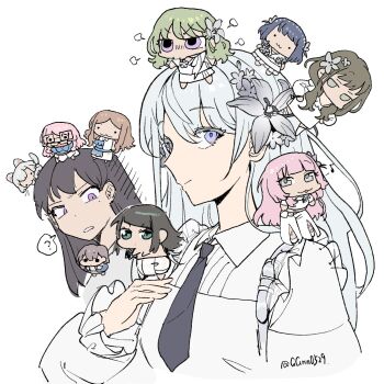 6+girls :3 ? animal_ears bang_dream! bang_dream!_it's_mygo!!!!! bang_dream!_our_notes black_hair black_necktie blue_eyes blue_hair brown_hair chibi chihaya_anon diaper flower glasses green_hair guagua977 hair_flower hair_ornament hamasaki_mahoro highres izawa_natsume izumi_houka kaname_raana kotohira_nagi long_hair millsage_(bang_dream!) multiple_girls mygo!!!!!_(bang_dream!) nagasaki_soyo necktie open_mouth pink_hair purple_eyes shiina_taki shiomi_hotaru shirt simple_background takamatsu_tomori twitter_username white_background white_hair white_shirt yahata_umiri