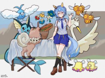 Rule 34 | 1girl, animal ears, backpack, bag, beak, bee, bird, blue eyes, blue flower, blue fur, blue hair, blue hat, blush, breast pocket, breasts, brown bag, bug, chair, closed eyes, closed mouth, collared shirt, combee, commentary request, dog, ear covers, flabebe, flabebe (blue flower), flabebe (red flower), flabebe (yellow flower), flittle, floette, floette (blue flower), flower, food, gen 1 pokemon, gen 3 pokemon, gen 4 pokemon, gen 5 pokemon, gen 6 pokemon, gen 7 pokemon, grey shirt, hair between eyes, hat, highres, holding, holding flower, horse ears, horse girl, horse tail, insect, insect wings, k.s.miracle (umamusume), looking at viewer, necktie, nintendo, open mouth, picnic, pocket, pokemon, pokemon (creature), pokemon sv, purple necktie, purple shorts, rockruff, sandwich, saramiao-chan, school uniform, shirt, short hair, short sleeves, shorts, smile, swablu, swan, swanna, table, tail, umamusume, uva academy school uniform, vaporeon, wings