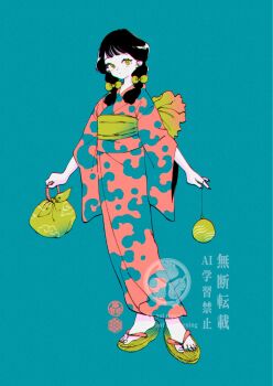 1girl asagiwa_ico black_hair blue_background bow braid choppy_bangs closed_mouth commentary crest dot_mouth feet full_body hair_bow head_tilt highres holding_kinchaku japanese_clothes kimono kinchaku looking_at_viewer low_twin_braids obi original patterned_clothing pink_kimono pouch sandals sash simple_background solo standing symbol-only_commentary toenails twin_braids water_yoyo watermark yellow_bow yellow_eyes zouri