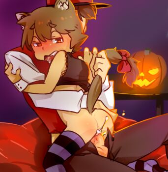 2boys age_difference anal animal_ears blush brown_hair erection halloween hershel_layton highres luke_triton male_focus male_penetrated multiple_boys onii-shota penis professor_layton ribbon sex short_hair shota sitting sitting_on_person size_difference striped_clothes striped_thighhighs tail tail_ornament tail_pull tail_ribbon thighhighs tnso yaoi
