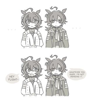 Rule 34 | ..., 2girls, :d, agnes flight (racehorse), agnes tachyon (umamusume), ahoge, animal ears, annoyed, commentary, ear ornament, english commentary, english text, eyes visible through hair, frown, greyscale, hair between eyes, highres, horse ears, horse girl, jacket, lab coat, low ponytail, melodenesa, monochrome, multiple girls, necktie, open mouth, original, personification, ponytail, short hair, simple background, smile, umamusume, upper body, very long sleeves, white background