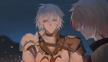 2boys absurdres antenna_hair armor black_choker black_coat black_shirt blonde_hair blue_eyes chengshi84969 chinese_commentary choker coat commentary_request earrings gold_earrings gradient_hair highres honkai:_star_rail honkai_(series) jewelry looking_at_another male_focus multicolored_hair multiple_boys mydei_(honkai:_star_rail) neck_tattoo night outdoors parted_bangs parted_lips pauldrons phainon_(honkai:_star_rail) red_hair red_tattoo shirt short_hair shoulder_armor single_pauldron sky sun_symbol sun_tattoo tan tattoo white_coat white_hair yaoi