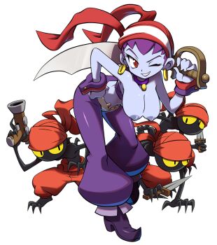 1girl bandana bare_shoulders blue_skin breasts colored_skin dagger earrings gun handgun hat hoop_earrings jewelry knife large_breasts lips looking_at_viewer navel nipples pirate_hat pistol purple_hair red_eyes risky_boots scimitar shantae_(series) stomach sword third-party_edit tinkerbat topless_female v-shaped_eyebrows weapon yellow_eyes