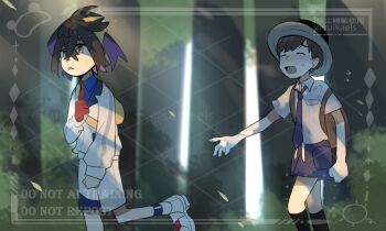 2boys black_hair blue_shirt blue_socks blueberry_academy_school_uniform brown_bag brown_hair closed_eyes collared_shirt crossed_bangs florian_(pokemon) forest gloves hair_between_eyes hairband highres jacket kieran_(pokemon) long_sleeves looking_at_another male_focus mole mole_on_neck multicolored_hair multiple_boys nature necktie nintendo open_mouth outdoors pokemon pokemon_sv purple_hair purple_necktie purple_shorts red_gloves red_necktie school_uniform shirt short_hair shorts simple_background single_glove socks standing suikaels upper_body uva_academy_school_uniform white_jacket white_shirt white_shorts yellow_bag yellow_eyes yellow_hairband