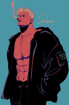 1boy abs absurdres alternate_costume bara belt black_jacket black_pants blue_background character_name cigar collarbone commentary_request facial_hair hands_in_pockets highres jacket kabane_(rjev8385) limited_palette looking_at_viewer male_focus mature_male muscular muscular_male no_shirt one_piece open_clothes open_jacket orange_eyes pants pectorals short_hair simple_background smoker_(one_piece) smoking solo stubble white_hair