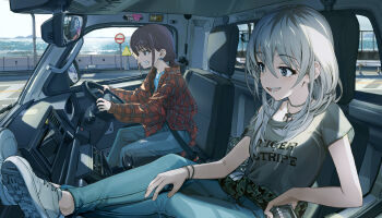 2girls absurdres angry blue_eyes brown_hair can car_interior choker clenched_teeth commentary_request dashboard denim driving earrings feet_on_dashboard girls_band_cry grey_eyes grey_hair grey_shirt hair_between_eyes highres holding holding_can iseri_nina jeans jewelry kawaragi_momoka long_hair long_sleeves looking_ahead multicolored_hair multiple_girls necklace ocean open_mouth pants plaid road road_sign roots_(hair) shirt shoes sign sitting smile sneakers t-shirt teeth veerinly