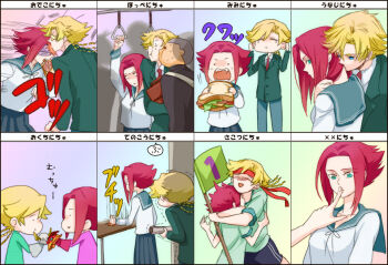 alternate_costume blazer blonde_hair blue_eyes chart chibi code_geass eating finger_to_mouth flipped_hair food gino_weinberg green_eyes hetero hug jacket kouzuki_kallen mameezu multiple_views open_mouth red_hair school_uniform serafuku short_hair translation_request
