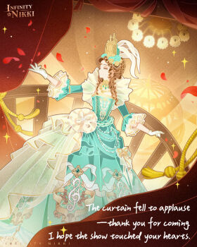 1girl aqua_dress aqua_flower aqua_rose artist_request beads brown_hair closed_eyes commentary copyright_name crown curtains dress echoed_dreams_(infinity_nikki) english_commentary english_text feet_out_of_frame flower frilled_dress frilled_sleeves frills gloves gold_crown gold_necklace gown hair_beads hair_flower hair_ornament hat_feather highres infinity_nikki jewelry light_particles logo long_dress long_hair long_sleeves musical_note musical_note_print necklace nikki_(series) no_mouth official_art outstretched_arm petals ringlets rose rose_petals second-party_source solo sparkle square_neckline stage stage_lights treble_clef victorian white_gloves yellow_flower yellow_rose