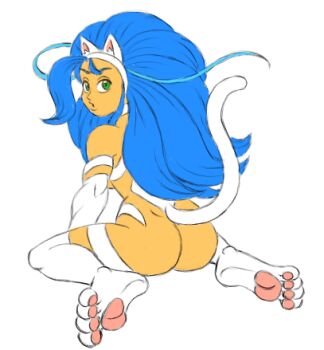 1girl :o animal_ears animal_hands ass blue_hair breasts cat_ears cat_tail dark-skinned_female dark_skin darkstalkers felicia_(darkstalkers) felineki green_eyes long_hair looking_back sitting tail very_long_hair white_background white_fur