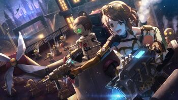 Rule 34 | 1girl, breasts, brown eyes, brown hair, city, cleavage, commentary request, game cg, gloves, goggles, goggles on head, gun, hagiwara yukiho, holding, holding gun, holding weapon, idolmaster, idolmaster (classic), idolmaster million live!, idolmaster million live! theater days, night, official alternate costume, official art, open mouth, outdoors, robot, short hair, solo, steampunk, third-party source, weapon