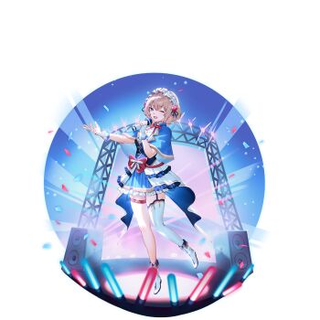 1girl alice_margatroid alternate_costume blonde_hair blue_capelet blue_eyes blue_skirt blue_vest boots bow bowtie capelet confetti fingerless_gloves fold-over_boots frilled_hairband frilled_skirt frills game_cg garter_straps gloves glowstick hairband highres holding holding_microphone idol idol_clothes lolita_hairband looking_at_viewer medium_hair microphone non-web_source official_art one_eye_closed open_mouth red_bow red_bowtie second-party_source single_thighhigh skirt smile solo stage thigh_strap thighhighs touhou touhou_gensou_eclipse transparent_background u_u_zan vest white_boots white_gloves white_hairband white_thighhighs