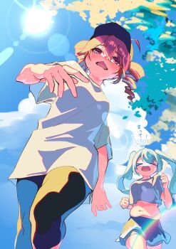 >_< 2girls ahoge aqua_hair baseball_cap breasts cloud cloudy_sky commentary crop_top crop_top_overhang crying drill_hair exercising hair_between_eyes hat hatsune_miku highres hohihohihohinda kasane_teto long_hair medium_breasts multiple_girls navel open_mouth outdoors plump red_eyes red_hair running shirt short_sleeves sky stomach streaming_tears sun sweat tears twin_drills twintails utau vocaloid white_shirt