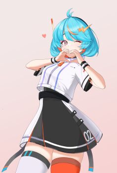 Rule 34 | 1girl, 24hastur, absurdres, ahoge, asymmetrical legwear, belt, black skirt, blue hair, blush, futuristic outfit, gradient background, hair ornament, hairclip, headband, heart, heart hands, highres, indie virtual youtuber, lightning bolt symbol, looking at viewer, michi (vtuber), miniskirt, mismatched legwear, multicolored hair, non-web source, number print, one eye closed, shirt, short hair, short sleeves, simple background, skirt, smile, solo, thighhighs, thighs, virtual youtuber, white shirt