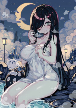 1girl amissio aria_wintermint black_hair blush breasts closed_mouth commentary crescent_moon english_commentary green_eyes hair_over_one_eye highres lamppost large_breasts long_hair moon naked_towel parororo sitting soaking_feet solo_focus steam the_crawling_city towel water