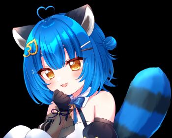 1girl :3 animal_ears artist_name bare_shoulders black_gloves blue_bow blue_hair blush bow chromashift detached_collar eyelashes fang gloves hair_bun hair_ornament hairclip highres key leaf_hair_ornament musical_note open_mouth poko_rakun raccoon_ears raccoon_girl raccoon_tail ribbon second-party_source see-through_clothes see-through_sleeves short_hair simple_background single_side_bun smile solo sparkle spoken_musical_note tail tama_dot transparent_background virtual_youtuber wrist_ribbon yellow_eyes
