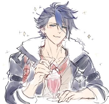 1boy black_hair blue_eyes blue_hair cherry coat collarbone commentary cup drinking_straw earrings eiyuu_densetsu english_commentary food fruit fur_collar hair_between_eyes highres holding holding_drinking_straw ice_cream jewelry kuro_no_kiseki_(series) long_sleeves male_focus multicolored_hair parted_bangs parted_lips shiruuruu simple_background sketch smile solo sparkle sparkle_background streaked_hair sundae two-tone_hair van_arkride white_background