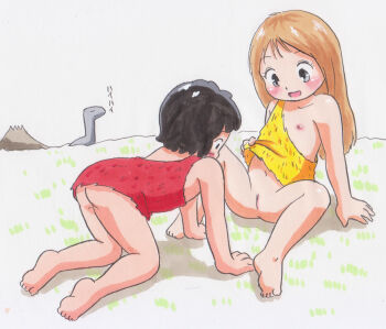 1boy 1girl all_fours animal arm_support barefoot black_eyes black_hair blush body_exploration brown_hair caveman cavewoman chiru_chiru clothes_lift collarbone dinosaur dress dress_lift flat_chest grass grey_eyes hetero highres kumu_kumu loli long_hair looking_at_pussy looking_down marup navel nipples no_male_underwear no_panties open_mouth pussy red_dress sauropod short_hair shota sitting sky sleeveless sleeveless_dress smile spread_legs traditional_media tribal volcano wanpaku_oomukashi_kumu_kumu yellow_dress