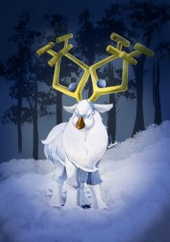 antlers aqua_eyes artist_name commentary_request deer highres horns mi_ho_chi nintendo no_humans outdoors pokemon pokemon_(creature) pokemon_focus snow solo standing tree winter wyrdeer