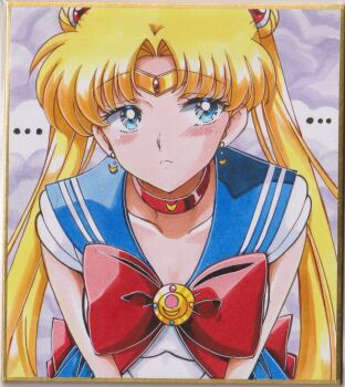 ... 1girl back_bow bishoujo_senshi_sailor_moon blonde_hair blue_eyes blue_sailor_collar blush bow bowtie chikoto_(kztc4472) choker closed_mouth collarbone commentary double_bun frown hair_bun highres long_hair looking_to_the_side magical_girl parted_bangs red_bow red_bowtie red_choker sailor_collar sailor_moon sailor_senshi_uniform shirt short_sleeves solo tsukino_usagi twintails upper_body white_shirt