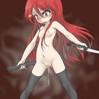 1girl blush breasts censored feet_out_of_frame holding holding_sword holding_weapon katana long_hair mosaic_censoring mudadamuda navel nipples nude open_mouth pussy pussy_juice pussy_juice_drip red_eyes red_hair scabbard shakugan_no_shana shana sheath small_breasts standing surprised sword thighhighs weapon